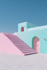 Poster - Pastel Architecture Stairway Ascending to Blue Building with Arched Doorway Minimalist Design