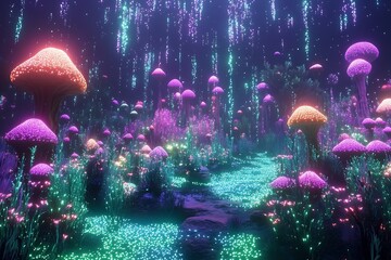 Fototapete - Alien ocean with bioluminescent sea creatures creating a surreal light show in the water glowing in shades of green blue and purple