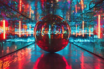 Poster - Disco Ball in Mirrored Room with Neon Lights Interior View Reflecting Light and Color in an Immersive Art Installation