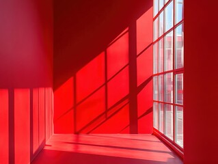 Poster - Red Room Interior with Window Light Play Abstract Architectural Photography Minimalist Composition