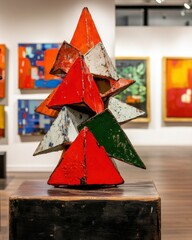 Poster - Abstract sculpture art display at gallery exhibit colorful geometric shapes on wooden stand interior shot