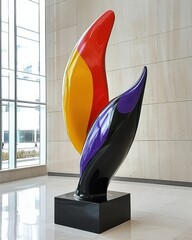 Poster - Abstract sculpture in building lobby; colorful art installation; modern design; interior architecture; eye-level view; contemporary style