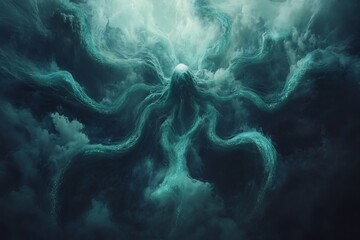 Poster - Bioluminescent aquatic creatures moving through dark ocean their bodies glowing with soft blue and green light in the deep sea