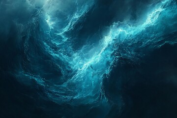 Poster - Bioluminescent aquatic creatures moving through dark ocean their bodies glowing with soft blue and green light in the deep sea