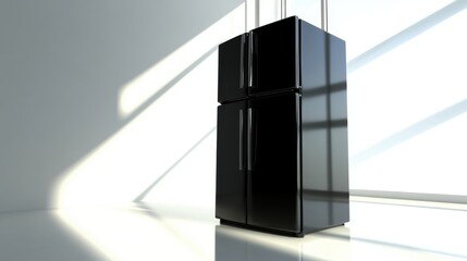 Poster - Modern black refrigerator stands in bright minimalist kitchen interior design low angle view appliance home improvement