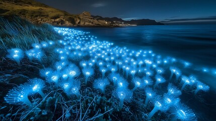Poster - Bioluminescent aquatic plants glowing the deep ocean creating light patterns along the sea floor in a dark marine landscape