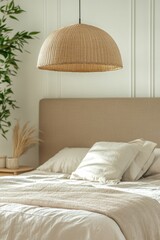 Poster - Wicker pendant lamp hanging over a bed in a stylish bedroom interior design natural light close up shot
