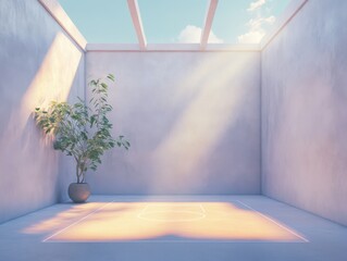 Poster - Minimalist courtyard with plant and basketball court bathed in sunlight from above architectural photography