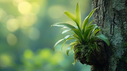 A vibrant green plant clinging to the textured bark of a tree in a lush, blurred forest setting