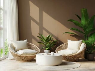 Poster - Interior design showcasing wicker chairs and tropical plants in a sunlit room creating a serene atmosphere