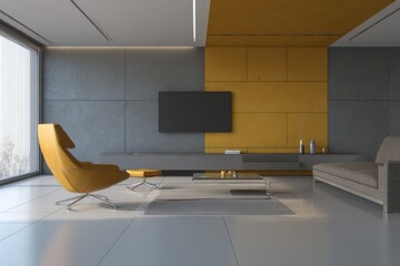 Poster - Modern Living Room Interior Design with Yellow Accent Wall and Stylish Furniture, Wide Angle Shot, Contemporary Home