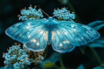 Fototapete - Bioluminescent butterfly resting glowing forest flower delicate wing patterns illuminated by soft ambient light mystical fantasy mood