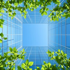 Poster - Modern architecture meets nature low angle view of glass building with green leaves framing blue sky urban landscape