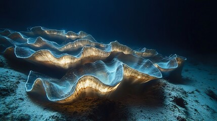 Poster - Bioluminescent clams glowing the ocean floor casting soft light across the sandy seabed in a deep sea environment
