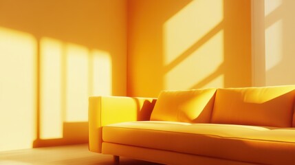 Poster - Minimalist Yellow Couch Bathed in Sunlight Casting Shadows on Wall in Modern Interior Design Studio