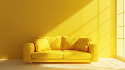 Poster - Yellow Sofa in Sunlit Room Interior Design Minimalist Style Home Decor Modern Furniture Bright Color Palette Sunny Day
