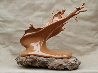 Poster - Caramel splash on a rock against beige fabric background studio shot abstract concept close up still life