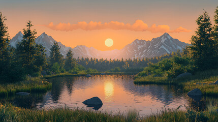 Wall Mural - Sunset Serenity: A tranquil lake reflects the fiery hues of a setting sun amidst majestic mountains and lush, evergreen forests.