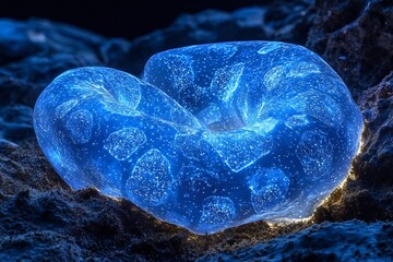 Poster - Bioluminescent creature curled ocean bed resembling coiled ribbon glowing edges emitting ambient blue light