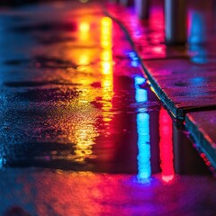 Poster - Urban night scene with neon lights reflecting in wet pavement low angle view city street with vibrant colors