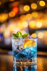 Poster - Refreshing blue cocktail served in bar with ice orange slice and mint garnish close up view