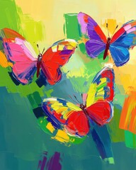 Poster - Vivid Butterfly Trio in Flight Abstract Oil Painting Style Colorful Wings Against Green and Yellow Backdrop Artistic Impression