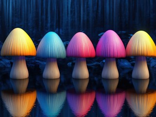Poster - Row of Colorful Mushrooms Reflected in Water at Night in Forest, Fantasy Scene, Close-up, Dreamy Lighting, Artistic Style
