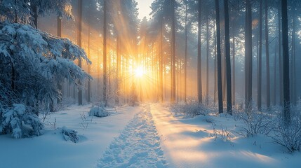 Wall Mural - Sunbeams pierce a snowy forest path
