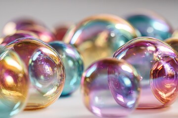 Poster - Close-up of iridescent glass spheres reflecting light creating a rainbow effect in a studio setting for abstract art