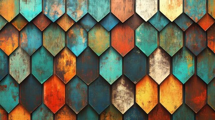 Poster - Colorful Hexagon Wood Tiles Arranged in a Pattern Close Up Abstract Design Texture Background Retro Vintage Style
