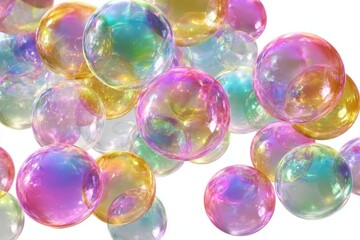 Poster - Floating iridescent soap bubbles on white background close up studio shot abstract dreamy concept