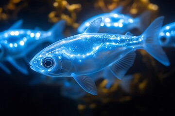 Poster - Bioluminescent fish swimming the ocean their bodies glowing brightly in the dark water illuminating their surroundings in a mysterious light