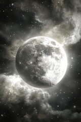 Wall Mural - full moon rising above clouds and stars in night sky with detailed craters and celestial glow
