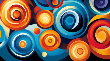 Poster - Abstract graphic with circular forms and swirling lines in bold colors, conveying a sense of energy and movement on a dark gradient background