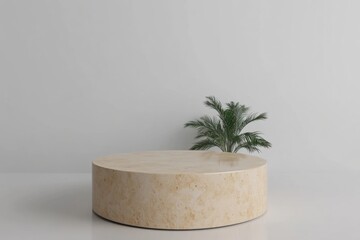 Poster - Minimalist Stone Product Display Podium with Tropical Plant Backdrop in Studio Setting for Mockup and Presentation