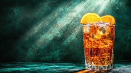 Poster - Refreshing Orange Cocktail with Ice Cubes on Rustic Green Background Studio Shot Close Up Beverage