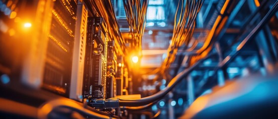 Poster - Server room interior with cables and hardware close up low angle view in data center for networking and telecommunications infrastructure