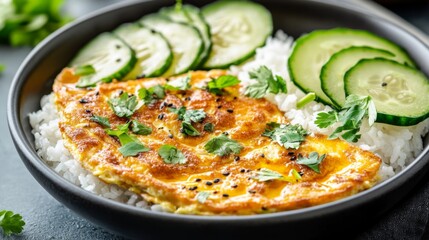 Poster - An inviting bowl of omelet rice served with a side of fresh cucumber slices and herbs, showcasing the balance of flavors and colors in a simple yet delicious meal