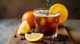 A glass of iced americano black coffee and layer of orange and lemon juice decorated