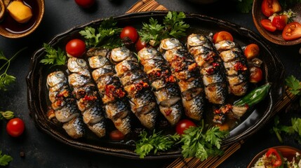 Poster - An overhead shot of deep-fried fish fillets arranged neatly on a plate, drizzled with fish sauce and garnished with fresh vegetables for a pop of color