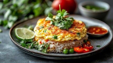 Poster - A beautifully plated dish of fried rice topped with a fluffy omelet, garnished with fresh herbs and a side of sweet chili sauce, creating a vibrant and inviting presentation