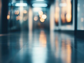 Poster - Abstract View of Hallway with Bokeh Lights and Polished Floor Low Angle Shot in Modern Building