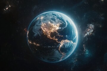 Poster - Earth from Space View of North and South America with City Lights and Starry Background Illustration