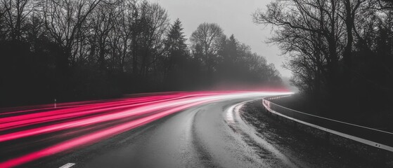 Poster - Car Light Trails on Winding Road in Foggy Forest Landscape Long Exposure Motion Blur Abstract Style