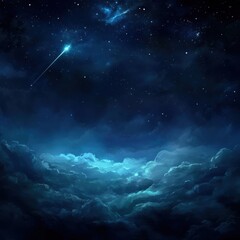 Poster - Dramatic night sky with shooting star over ethereal clouds low angle fantasy illustration
