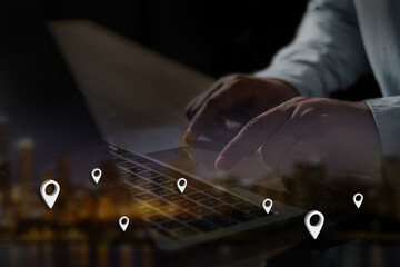 Poster - man using gps navigation on smartphone GPS Map to Route Destination network connection Location Street Map with GPS