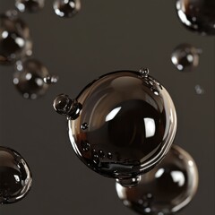 Poster - Abstract spheres floating in dark space close up shot with reflections and refractions for science or technology concept