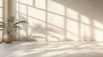 Poster - Interior with Palm Plant and Sunlight Casting Shadows on Wall in Minimalist Style Room for Backgrounds