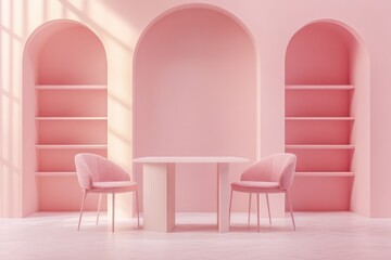 Poster - Pink Room Interior with Table and Chairs, Minimalist Design, Arched Niches, Soft Light, Studio Shot, Contemporary Style