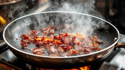 Poster - A dramatic image of bacon strips caramelizing in a frying pan, with the heat creating a tantalizing visual of texture and color, enhancing the dishs appeal